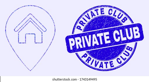 Geometric house map marker mosaic icon and Private Club seal stamp. Blue vector round textured seal stamp with Private Club phrase. Abstract concept of house map marker composed of round, triangles,