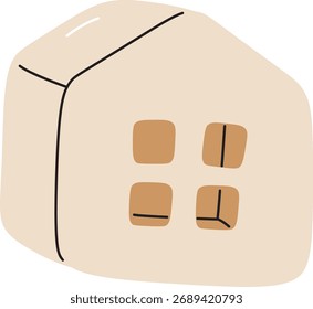 A geometric house shape with four square windows in a cartoon style. The structure is depicted with clean lines and minimal detail. Cartoon vector illustration.