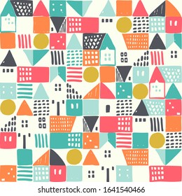 Geometric houses and hand drawn textured shapes seamless pattern. Abstract home background in childish style. Vector illustration for backgrounds, wallpaper, textile, fabric, surface design