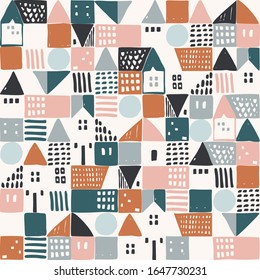 Geometric houses and hand drawn textured shapes seamless pattern. Abstract home background in childish style. Vector illustration for backgrounds, wallpaper, textile, fabric, surface design