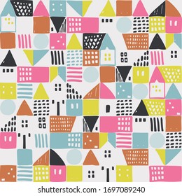 Geometric houses and hand drawn textured shapes seamless pattern. Abstract home background in childish style. Vector illustration for backgrounds, wallpaper, textile, fabric, surface design