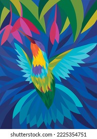 Geometric hummingbird flying in colors