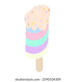 Geometric ice cream bar icon with a fun and playful design. The layers feature different colors and sprinkles. This eye-catching design adds a sweet touch to any project.