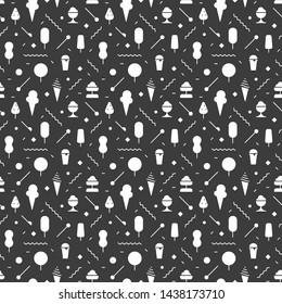 The geometric ice cream pattern with lines. Seamless vector background for restaurants and menus. White and dark grey colors texture. Form a triangle, a line, a circle. Hipster fashion. Memphis style.
