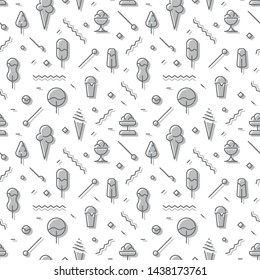 The geometric ice cream pattern with lines. Seamless vector background for restaurants and menus. White and dark grey colors texture. Form a triangle, a line, a circle. Hipster fashion. Memphis style.