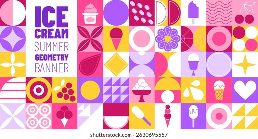 Geometric ice cream pattern. Summer dessert icon. Sweet food. Colorful ornament in abstract banner. Logo gelato on mosaic background. Waffle cone with delicious balls. Vector design garish symbols