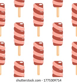 Geometric ice cream seamless pattern with white background. Spiral frozen cream. Designed for wallpaper, textile, wrapping paper, fabric print. Vector illustration.