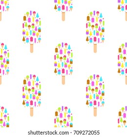 Geometric ice cream seamless pattern of colorful set icons on stick. Festive sweet background.