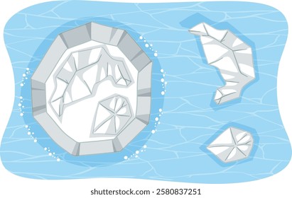 Geometric icebergs floating in a blue sea