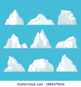 Geometric icebergs set. Floating blocks of ice in arctic ocean massive white surface with underwater hazard polar rock antarctic breaking away from coast and traveling by sea. Cold vector.