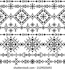 Geometric Iceland's rune style tribal or neotribal line art vector seamless pattern with, textile or fabric print design set inspired by old Nordic Viking rune art. Monochrome Icelandic wallpaper 