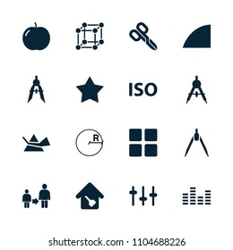 Geometric icon. collection of 16 geometric filled icons such as apple, compass, equalizer, iso, angle, home key, star. editable geometric icons for web and mobile.