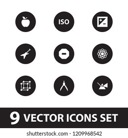 Geometric icon. collection of 9 geometric filled icons such as atom, intersection, light exposure, iso, apple, compass, cube. editable geometric icons for web and mobile.