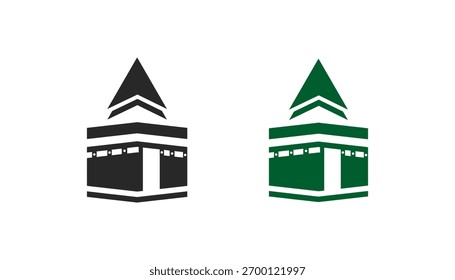 Um ícone geométrico combinando o cubo da Caaba com uma seta para cima para significar a Qibla, a direção da oração em direção a Meca.