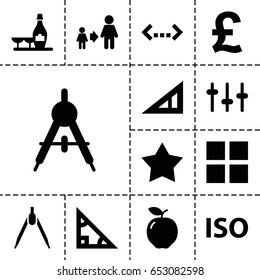 Geometric icon. set of 13 filled geometric icons such as apple, compass, triangle ruler, champagne and wine glasses, son and father, equalizer, iso, star, triangle, cube, pound