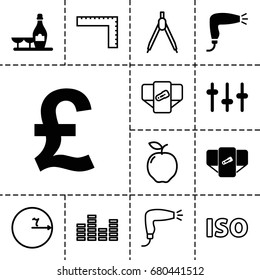 Geometric icon. set of 13 filled and outline geometric icons such as diaper, hair dryer, champagne and wine glasses, equalizer, apple, ruler, iso, compass, circle