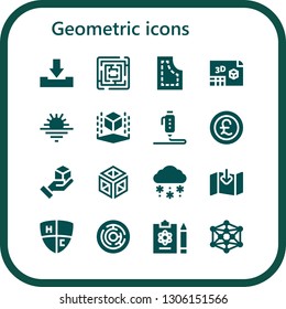 geometric icon set. 16 filled geometric icons.  Simple modern icons about  - Download, Labyrinth, Pattern, d, Sunset, Cube, Pound, Crystal, Snow, Emblem, Report, Modeling