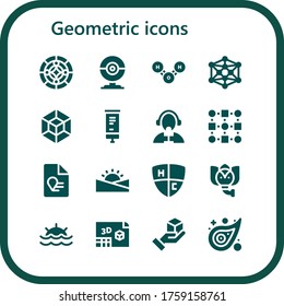 Geometric Icon Set. 16 Filled Geometric Icons. Included Stained Glass, Webcam, Molecule, Modeling, 3d Modeling, Roll Up, Reporter, Pattern, Report, Sunset, Emblem, Elephant Icons