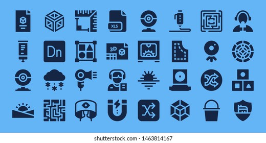 Geometric Icon Set. 32 Filled Geometric Icons. On Blue Background Style Simple Modern Icons About  - D, Roll Up, Webcam, Sunset, Crystal, Dimension, Snow, Maze, Angle, Shapes