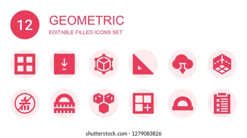 geometric icon set. Collection of 12 filled geometric icons included Border, Download, Cube, Ruler, No sweets, Molecule, Color, d, Report