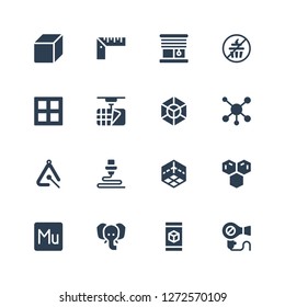 geometric icon set. Collection of 16 filled geometric icons included Hair dryer, d, Elephant, Muse, Molecule, Triangle, Cube, Border, No sweets, Blinds, Ruler