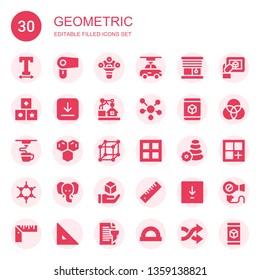 geometric icon set. Collection of 30 filled geometric icons included Text width, Hair dryer, d, Blinds, Shapes, Download, Molecule, Molecules, Border, Stone, Elephant, Cube, Ruler