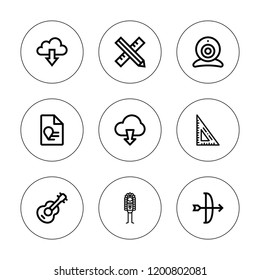 Geometric icon set. collection of 9 outline geometric icons with arc, download, guitar, native american, report, ruler, webcam icons. editable icons.