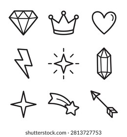 A geometric icon set with diamond, crown, heart, star, lightning, crystal