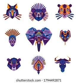 Geometric icons of African animal and human masks