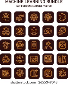 Iconos geométricos que representan aspectos del aprendizaje automático y la inteligencia artificial con una paleta de colores marrón suave y