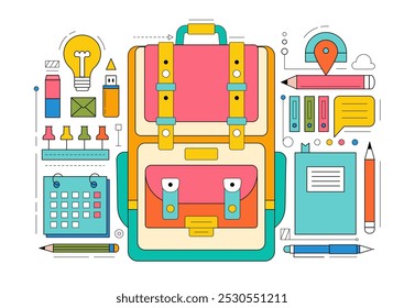 Ícones geométricos da mochila da escola e material de escritório. Moderno esboço de elementos gráficos do conceito de educação infantil. Conjunto de saco escolar, calendário, caneta, lápis, borracha e alfinetes, ilustração vetorial