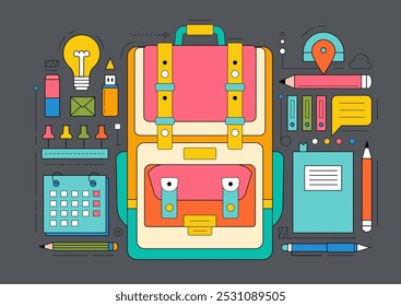 Ícones geométricos da mochila da escola e material de escritório. Moderno esboço de elementos gráficos do conceito de educação infantil. Conjunto de saco escolar, calendário, caneta, lápis, borracha e alfinetes, ilustração vetorial