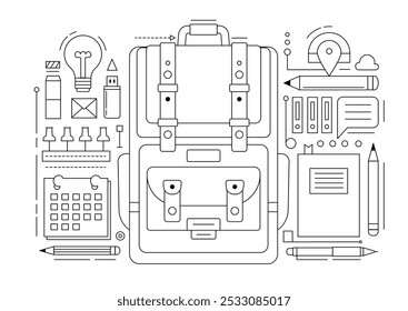 Geometric icons of school backpack and office supplies. Modern outline graphic elements of kids education concept. Set of schoolbag, calendar, pen, pencil, eraser and pins, vector illustration