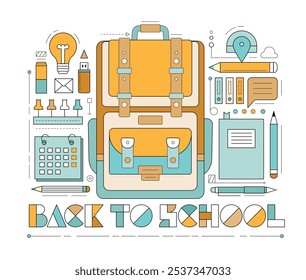 Geometric icons of school backpack and office supplies. Modern outline graphic elements of back to school design, education concept. Set of schoolbag, calendar, pen, pencil, eraser and pins
