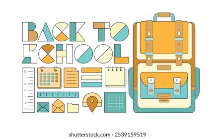 Geometric icons of school backpack and office supplies. Modern outline graphic elements of back to school design, education concept. Set of schoolbag, calendar, pen, pencil, eraser and pins, vector il