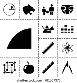 Geometric icons. set of 13 editable filled geometric icons such as panther, ruler, compass, equalizer, angle, apple, diaper, son and father, atom, circle, intersection