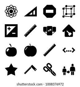 Geometric icons. set of 16 editable filled geometric icons such as apple, ruler, triangle ruler, diaper, atom, star, minus, quotation, light exposure, home key