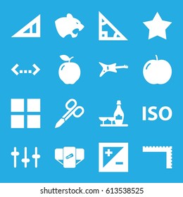 Geometric icons set. set of 16 geometric filled icons such as apple, panther, triangle ruler, ruler, diaper, manicure scissors, champagne and wine glasses, equalizer