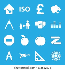 Geometric icons set. set of 16 geometric filled icons such as apple, panther, diaper, son and father, compass, equalizer, ISO, home key, guitar, atom, triangle, pound, minus