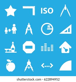 Geometric icons set. set of 16 geometric filled icons such as apple, compass, triangle ruler, ruler, champagne and wine glasses, son and father, equalizer, ISO, angle