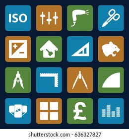 Geometric icons set. set of 16 geometric filled icons such as panther, triangle ruler, ruler, diaper, manicure scissors, hair dryer, compass, equalizer, light exposure, iso