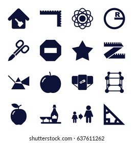 Geometric icons set. set of 16 geometric filled icons such as apple, ruler, diaper, manicure scissors, champagne and wine glasses, son and father, home key, star, atom