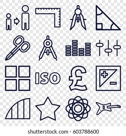 Geometric icons set. set of 16 geometric outline icons such as compass, ruler, manicure scissors, son and father, equalizer, light exposure, ISO, angle, cube, atom, triangle
