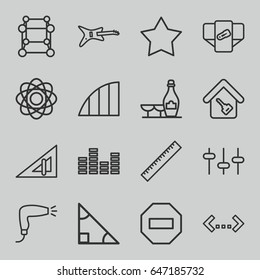Geometric icons set. set of 16 geometric outline icons such as ruler, triangle ruler, diaper, hair dryer, champagne and wine glasses, equalizer, angle, home key, atom