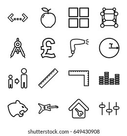 Geometric icons set. set of 16 geometric outline icons such as panther, apple, compass, ruler, hair dryer, son and father, equalizer, home key, cube, circle, pound, quotation