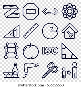 Geometric icons set. set of 16 geometric outline icons such as apple, ruler, triangle ruler, manicure scissors, hair dryer, champagne and wine glasses, son and father, iso