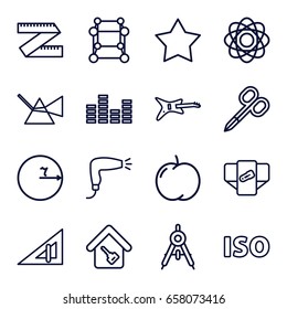 Geometric icons set. set of 16 geometric outline icons such as apple, compass, triangle ruler, diaper, manicure scissors, hair dryer, equalizer, iso, home key, atom, circle