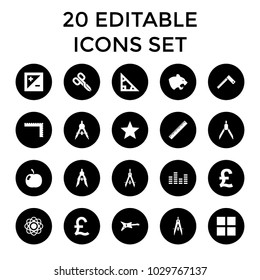 Geometric icons. set of 20 editable filled geometric icons such as panther, compass, ruler, cube, atom, triangle, guitar. best quality geometric elements in trendy style.