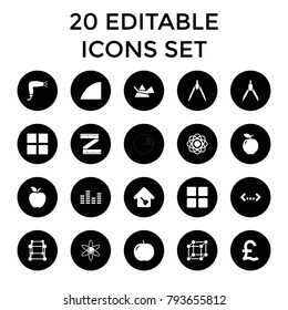 Geometric icons. set of 20 editable filled geometric icons such as apple, hair dryer, cube, compass, atom, quotation. best quality geometric elements in trendy style.