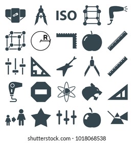 Geometric icons. set of 25 editable filled geometric icons such as apple, ruler, triangle ruler, diaper, hair dryer, son and father, compass, triangle, intersection, cube